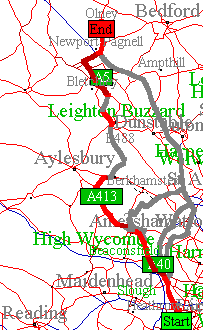 Map of route Heathrow Airport to Olney