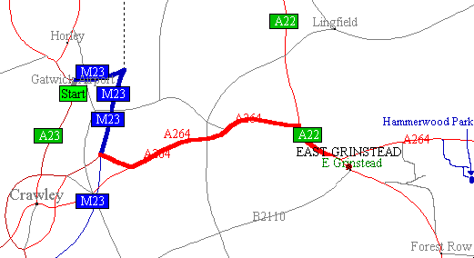 Map of route from Gatwick Airport to Hammerwood Park, East Grinstead near Gatwick Airport