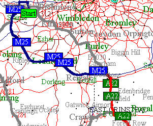 Map of route from Heathrow Airport to East Grinstead