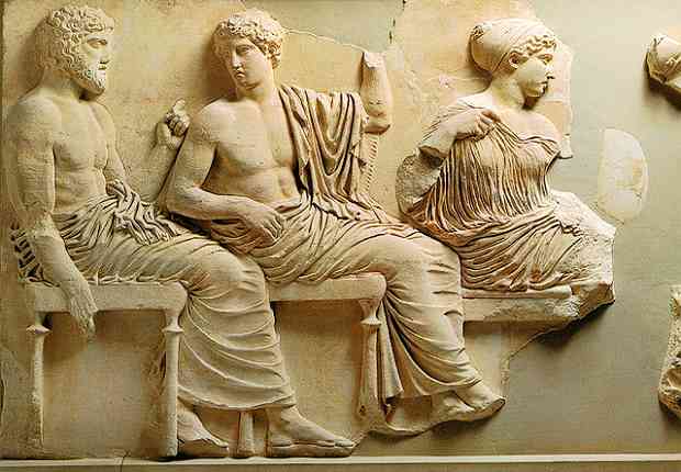 Poseidon Apollo and Artemis on the Parthenon Frieze in Athens. Copyright DJP 2002